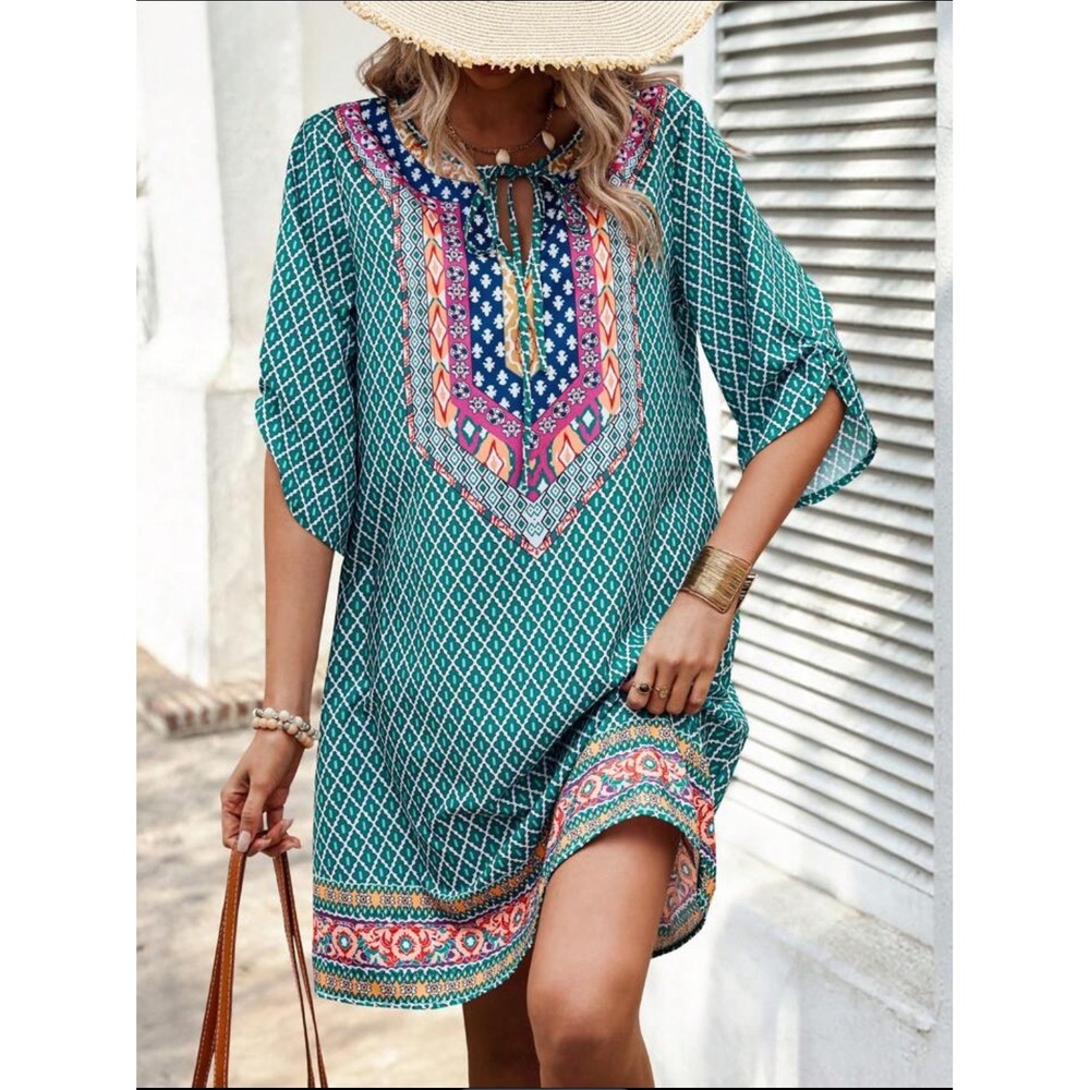 Women's Plus 0X‎ Geometric Bohemian Shift Midi Dress Ruched 3/4 Sleeve Peasant - Picture 6 of 9